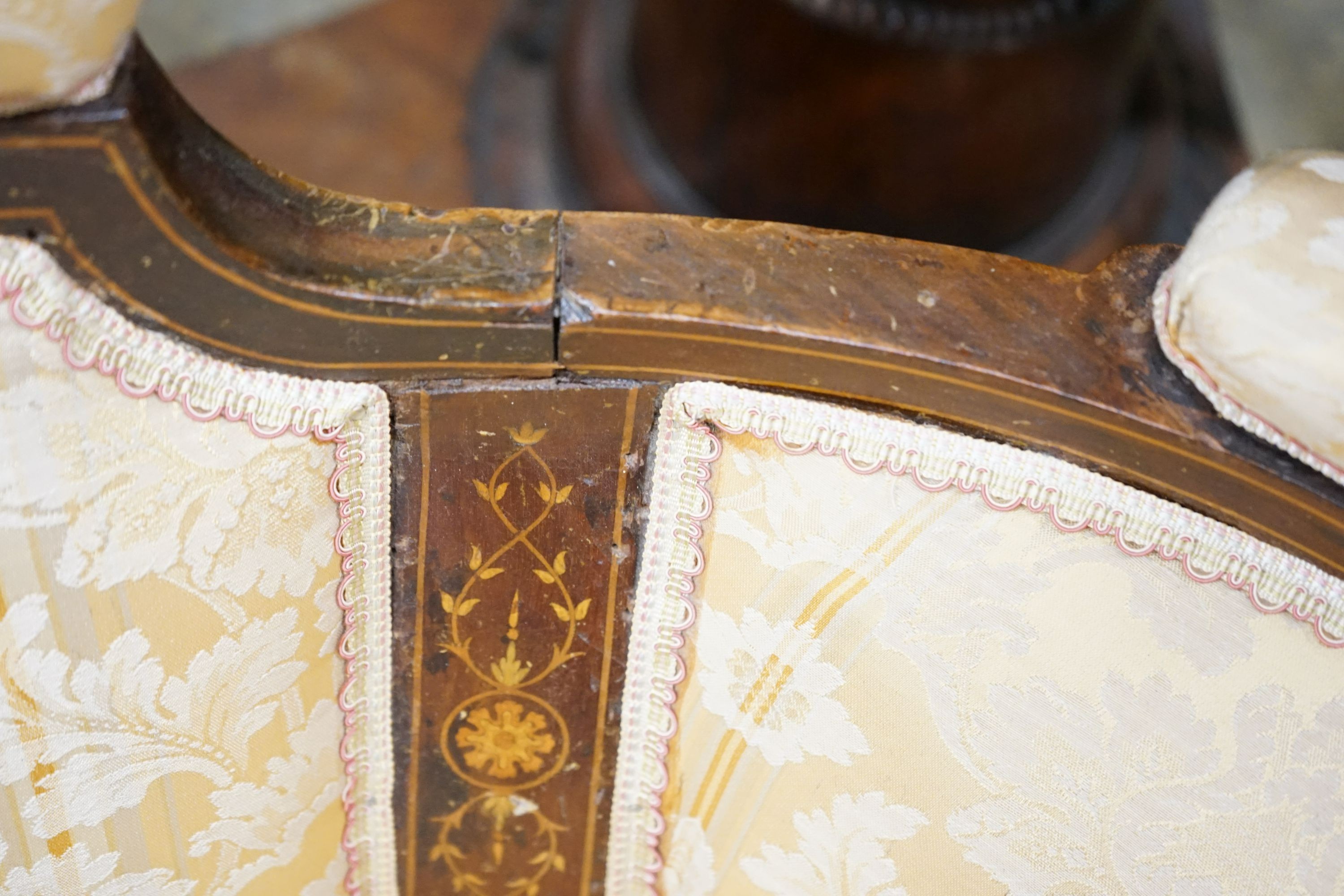 An Edwardian inlaid tub framed settee, length 150cm, depth 60cm, height 66cm